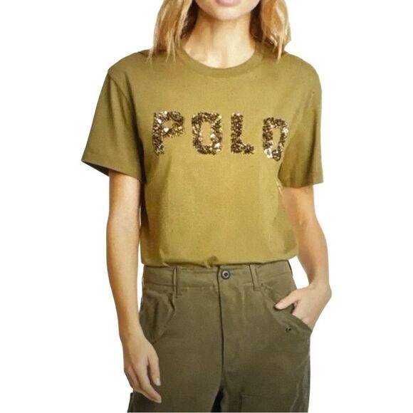 POLO RALPH LAUREN BEADED LOGO  T-SHIRT. DEFENDER GREEN. - Picture 1 of 7